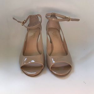 Franco Sarto beige patent leather peep-toe heels